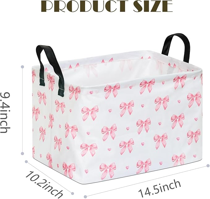 Pink Bow Canvas Storage Basket Waterproof Laundry Hamper with Leather Handles Collapsible Decorative Bin for Girls Bedroom Toys Clothes Gift Giving - Image 2