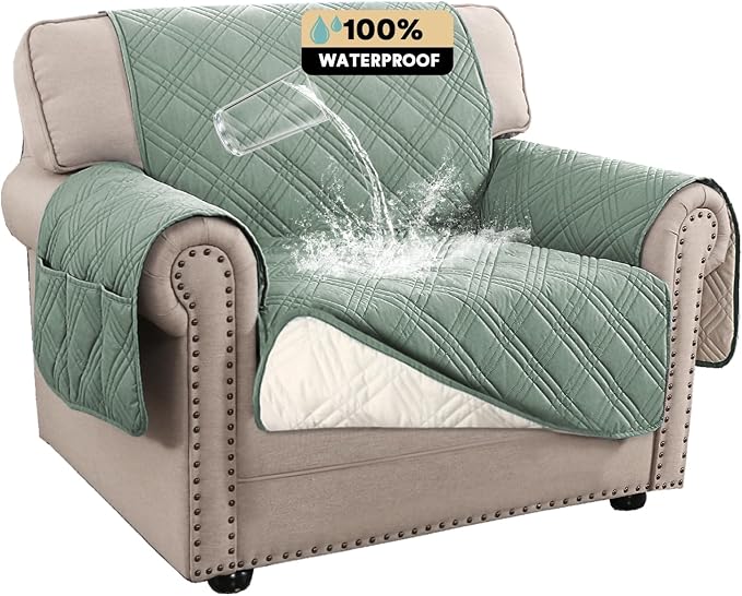 PrinceDeco 100% Waterproof Chair Sofa Slipcover for Living Room Water Resistant Couch Cover Furniture Protector Cover with Elastic Straps for Pets Kids Children Dog Cat(Chair 23", Lily Pad) by PrinceDeco