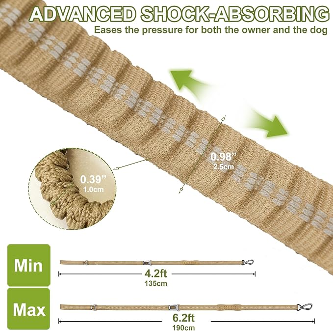 Dog Leash Heavy Duty, Bungee Leash Reflective Car Seat Belt for Dogs Khaki | 4-6FT Strong Shock Absorbing Tactical with 2 Padded Handles, Dog Tug Lead for L XL Dogs Walking Running Training - Image 4
