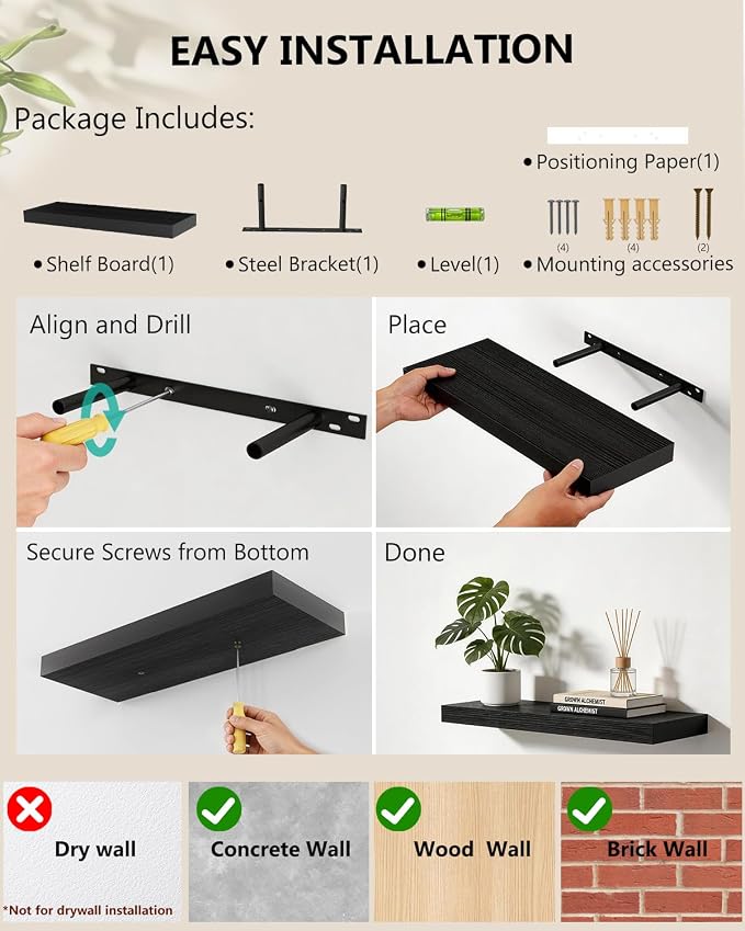 WALI Floating Shelves for Wall, 1 Tier Bathroom Storage Shelf Over Toilet, for Bedroom Bookshelf, Living Room Decor, Kitchen, Nursery, Laundry, Soundbar Floating Shelf Mount Under TV (CS101L), Black - Image 9