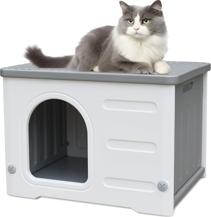 Plastic Cat House Outdoor & Indoor, Feral Cat Houses Waterproof Outdoor Cat House for Feral Cats, Outside Cat Shelter for Small Pet, Assemble and Clean Easily-Grey by CSQOO