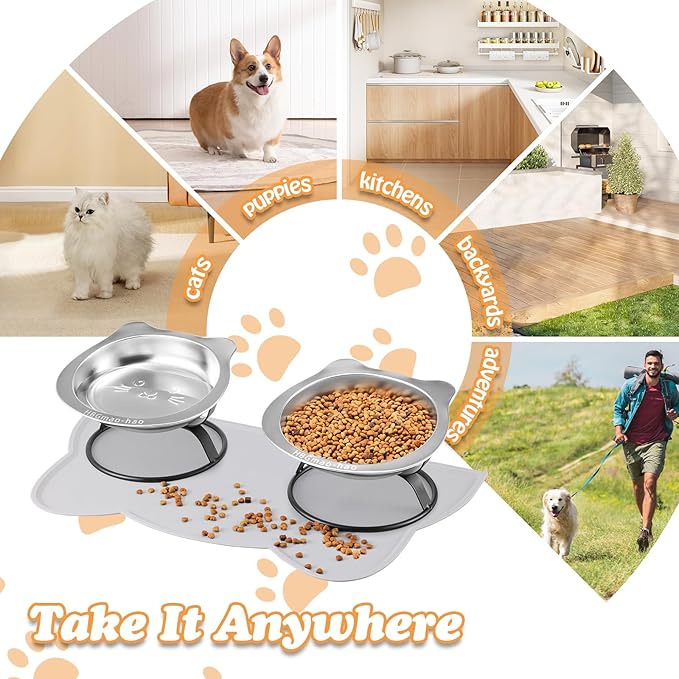 Elevated Cat Bowls with Non-Slip Mat - 7.1" Wide Whisker Friendly Dishes, Neck Stress-Free, Raised Stainless Steel Bowls for Flat-Faced/Senior Cats & Small Dogs, Indoor/Travel Use, 2-Pack - Image 6