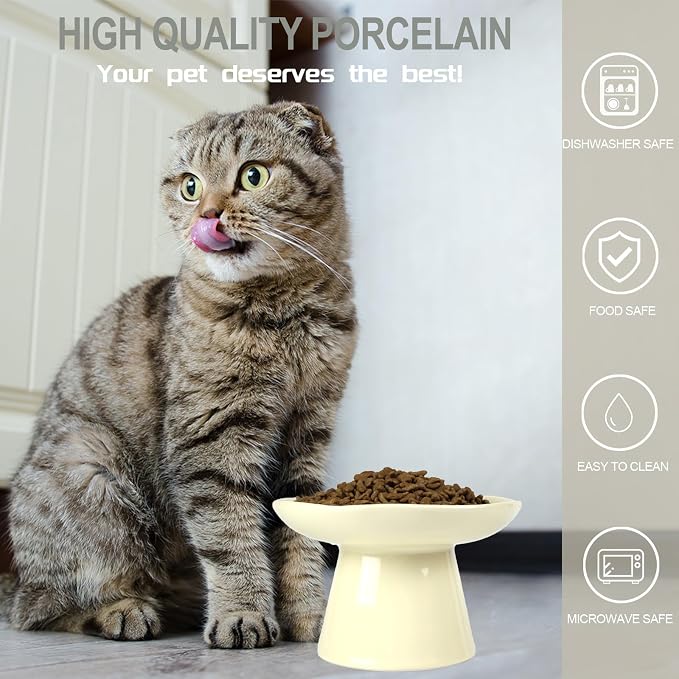 Wide Shallow 6.1" Raised Cat Bowls, Ceramic Elevated Food Plate for Flat Faced Cats and Small Dogs, Porcelain Feeder Bowl, Stress Free, Protect Cat’s Spine, Cream - Image 4