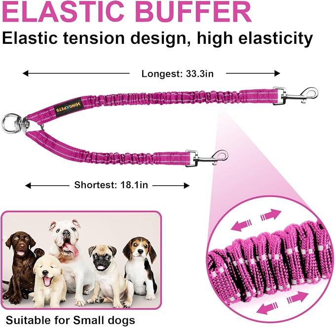 MingXpet 2 Dog Leash, Dog Leash for 2 Dogs, 360° Swivel No Tangle Double Walking Training Leashes for Small Dogs, Comfortable Shock Absorbing Reflective Bungee, Rose - Image 2