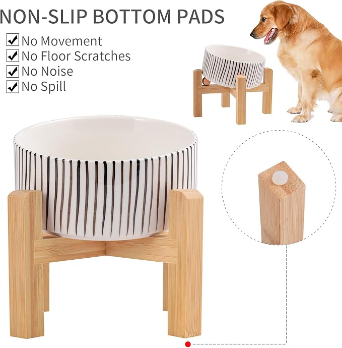 Elevated/Raised 15°Tilted Anti Slip Ceramic Dog Bowl for Small/Medium Breeds,Slanted Bulldog Big Face Pet Food Water Feeding Dish with Stand for Cats and Dogs (3.6 Cups/28 OZ) vertical stripe - Image 4