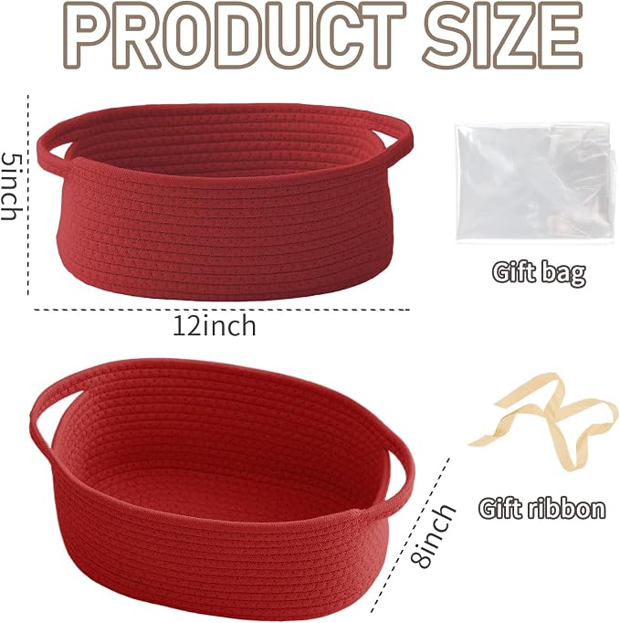 JMvicyroam Small Woven Basket, Empty Gift Basket, Red/3 Pack | Small Gift Basket, Cotton Rope, 12 x 8 x 23 in, Handles, Includes Ribbon and Bag, Birthday Gift Basket - Image 2