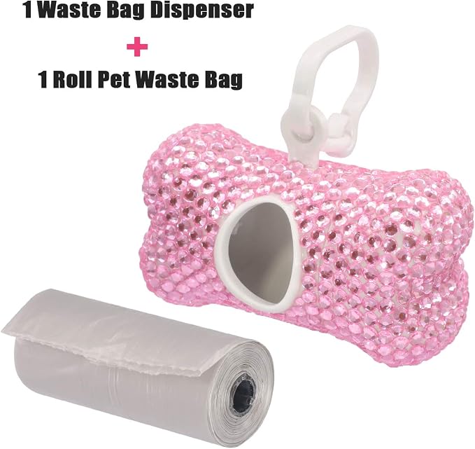 Soleebee Bling Crystal Bone Shaped Pet Waste Bag Dispenser with 1 Roll Waste Bags (Pink) - Image 2