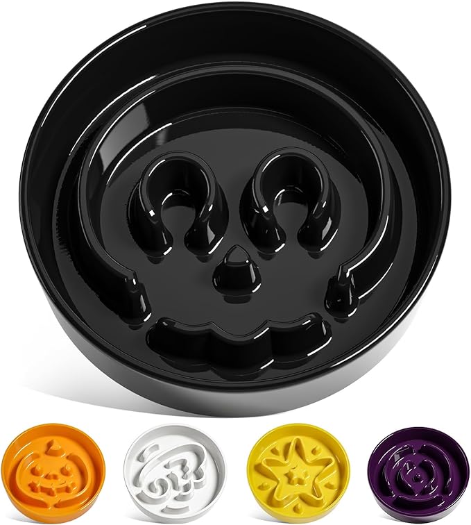 LE TAUCI Dog Bowls Slow Feeder Ceramic, 1.5 Cups Slow Feeding Dog Bowl Small Medium Breed, Puppy Bowl for Fast Eaters,Skull Black by LETAUCI
