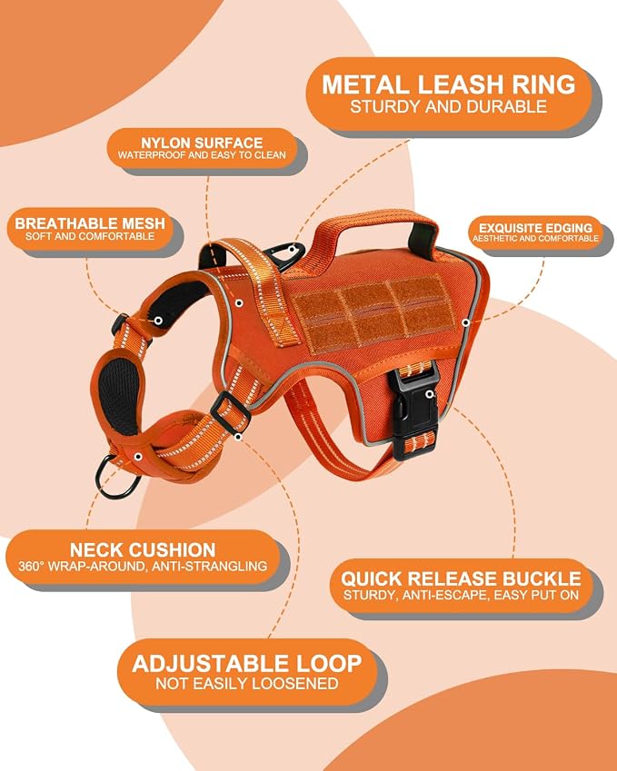Dog Harness, Tactical No Pull for Small Sized Dog with Handle | Breathable Soft Padded, Adjustable, Reflective, Molle System, Heavy Duty, No Choke for Walking Training, Orange Small - Image 6