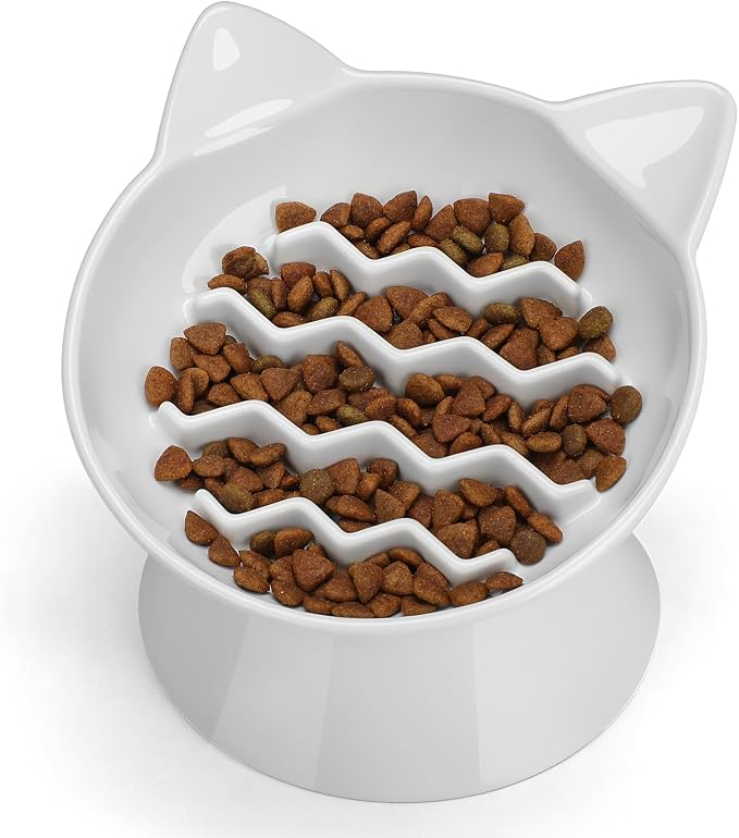 Ceramic Slow Feeder Cat Bowl, 2 Cups Tilted Elevated Honeycomb Food Dish | Premium Ceramic Material, Suitable For Dry And Wet Food, Honeycomb Structure Reduces Vomiting & Bloating For Cats - Image 2