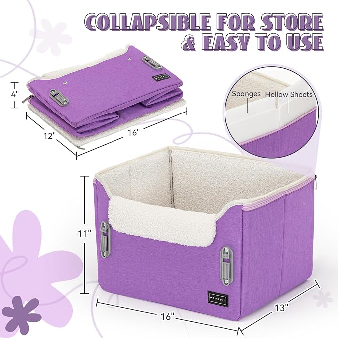 PETSFIT Small Dog Car Seat – Patented Safety Buckles – Safety Tether – Foldable Travel Dog Booster Car Seat Reduces Anxiety & Road Trips – Stable Frame, Soft Cushion, Fits Front/Back Seat (Purple) - Image 7