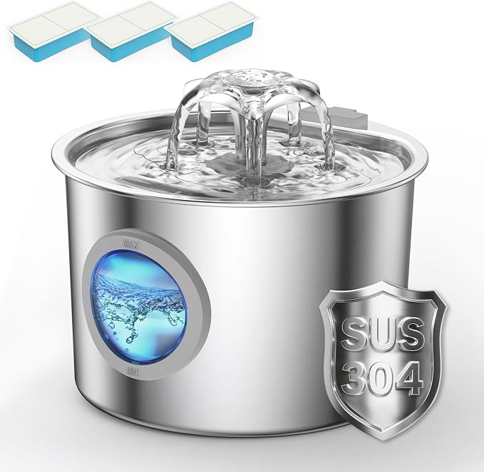Cat Water Fountain Advanced 304 Stainless Steel 2.2L/74oz with 3-Pack Replaceable Filters, Detachable Tank, Easy to Clean, Automatic Pet Fountain Quiet Cats Water Dispenser, Dogs by Unknown
