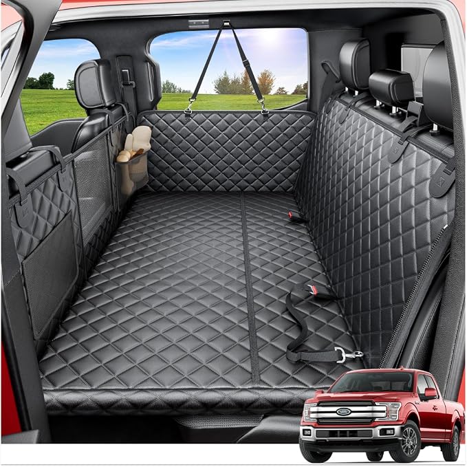 REEVAA Dog Truck Seat Cover for Back Seat, Hard Bottom, XL, Black | 450 lbs Extender, 45% More Space for 2-4 Large Dogs, Waterproof, Zippered Mesh Window, Fits Crew Cab Trucks & Large SUVs by REEVAA