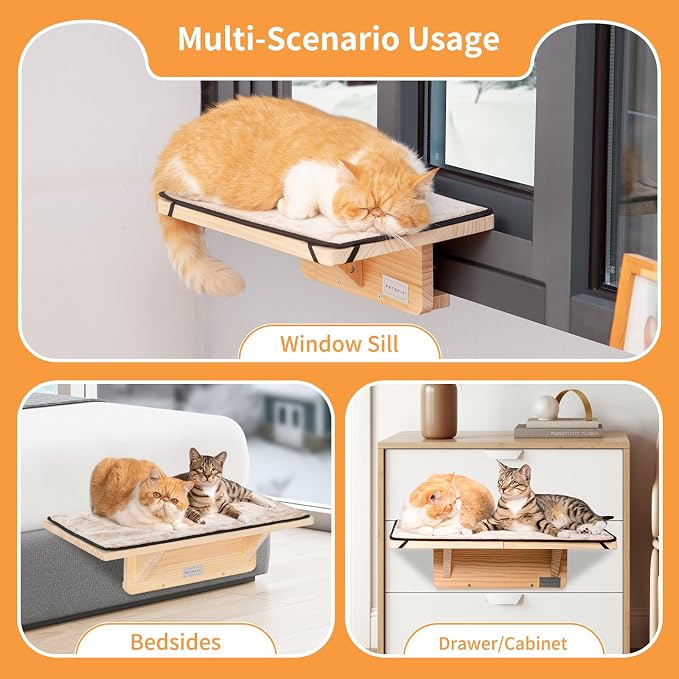 Petsfit 2 Cats Design Cat Window Perch, Natural Wood with Removable Fleece Mat Space Saving Cat Window Seat for Cats - Image 2