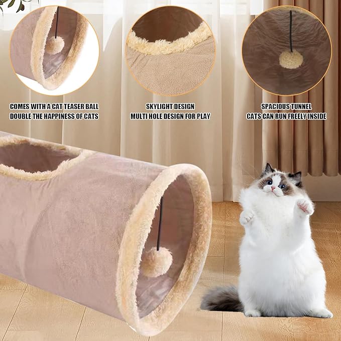 Cat Tunnel,Indoor Cat Play Tube Toys with Play Ball,Durable Collapsible Rabbit Hideaway Tunnel for Kitten,Bunny, Guinea Pig, Rat, Hamster, Ferret, Chinchilla (Khaki) - Image 5