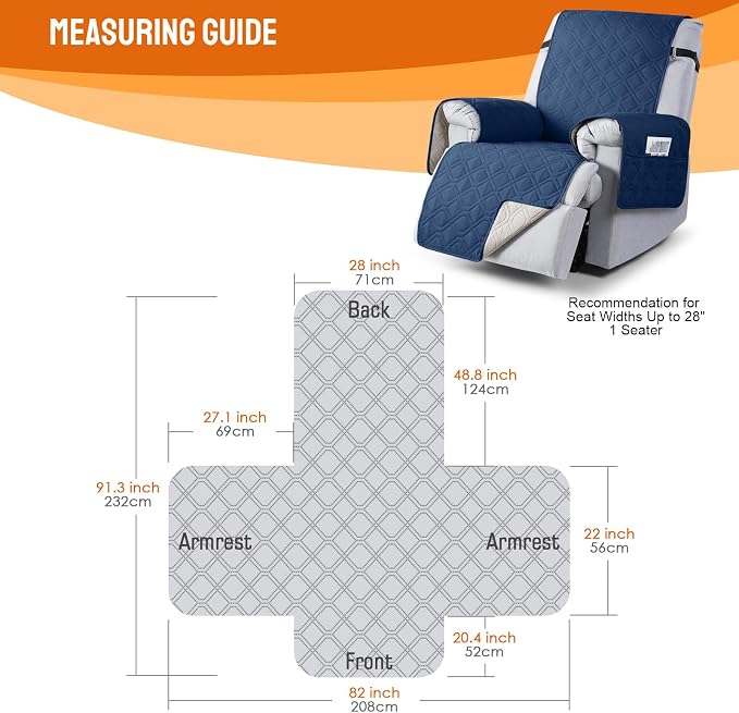 VANSOFY 100% Waterproof Recliner Chair Covers, Recliner Cover Non-Slip Dog Chair Cover Furniture Protector Washable Slipcover with Pocket, Elastic Straps for Pets, Dogs(Ocean Blue, 28") | Non-Slip, Slipcover with Pocket, Furniture Protector, Elastic St... - Image 2