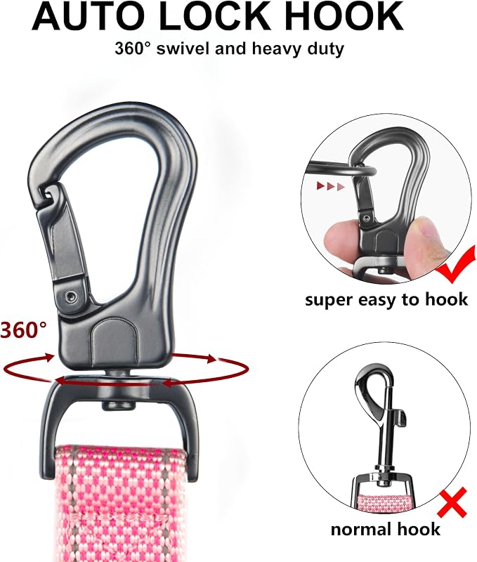 Twoear 5FT 1IN Heavy Duty Dog Leash for Large Dogs with 2 Padded Handles | Traffic Handle Extra Control, Auto Lock Hook, Strong Reflective Walking Leash for Night Safety, Medium and Large Breeds,Pink - Image 3