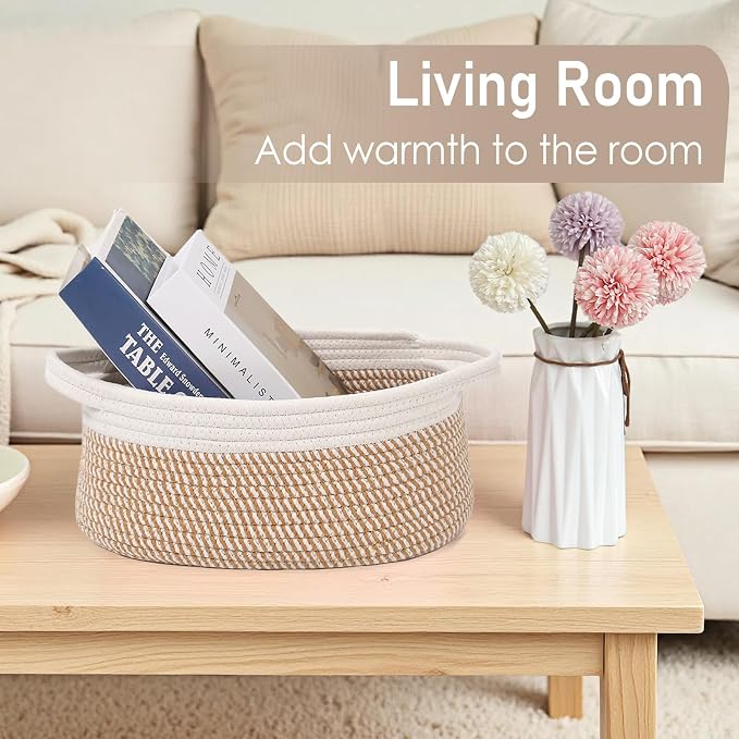 JMvicyroam Small Woven Basket, Empty Gift Basket, White&Brown Block/3 Pack | Small Gift Basket, Cotton Rope, 12 x 8 x 86 in, Handles, Includes Ribbon and Bag, Birthday Gift Basket - Image 7