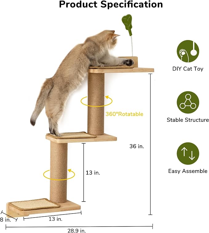 FUKUMARU Cat Wall Shelves, 3 in 1 Transformable Cats Scratching Post | Solid Rubber Wood, DIY Kitten Walls Jungle and Perch Platform Supplies, Suit For Climb, Play, Nap, Scratch - Image 2