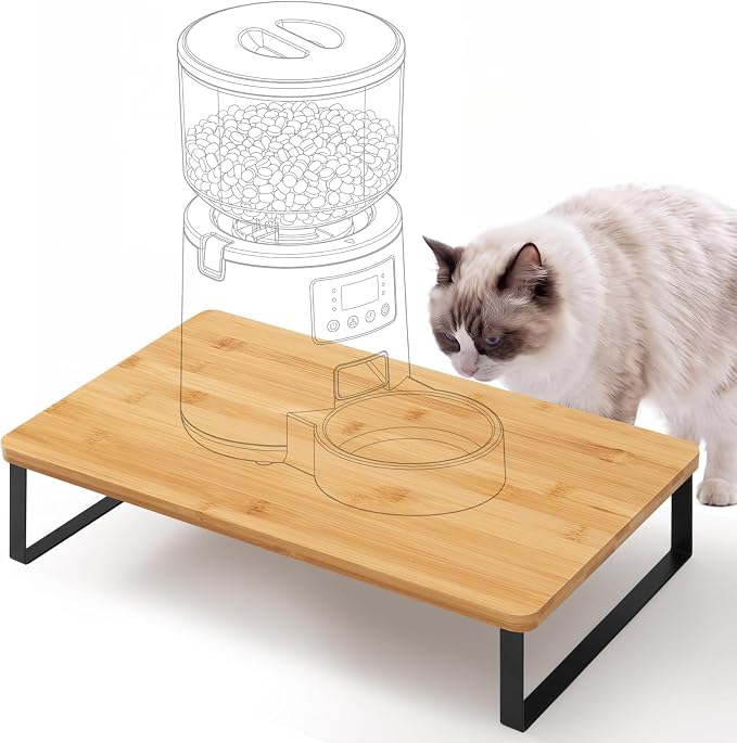 Bamboo Wood Cat Food Stand for Automatic Cat Feeder and Bowls | Non-Slip Metal Frame Elevated Cat Bowls Stand 15.7'' x 9.1'' Tabletop Fit Most Automatic Feeders, Raises Feeder/Bowl by 3.5'' by Dotie%27s+Party