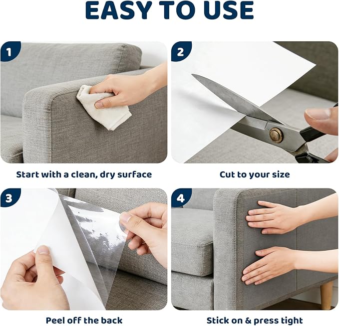 12PCS Symmu No Pins Anti Cat Scratch Furniture Protector for Fabric Sofa | No-Residue, Heavy-Duty, No Pins Required, Single-Sided, Clear, Cuttable, Pet-Friendly, Easy to Install - Image 7