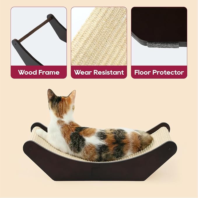 Zakkart Cat Sisal Scratching Bed Hammock, 2-in-1 Cat Scratcher & Lounging Bed, 100% Natural Sisal Mat, Solid Wood Frame, Cat Furniture Protector (Large, Dark Stained) - Image 4