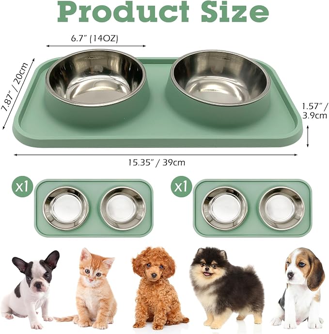 BNOSDM 2 Pcs Double Dog Food Bowls, Stainless Steel Small Dog Food and Water Bowls with Non-Spill Plastic Mat, Pet Cat Feeder Dish Set for Puppy Cats Kitten, Green - Image 6