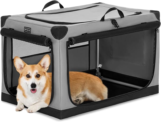 PETSFIT 30" Soft Portable Dog Crate – Patented Spiral Sturdy Frame, Collapsible Travel Kennel for Medium Dogs, 3 Mesh Door, Lockable Zippers, Indoor & Car Use Gray by Petsfit
