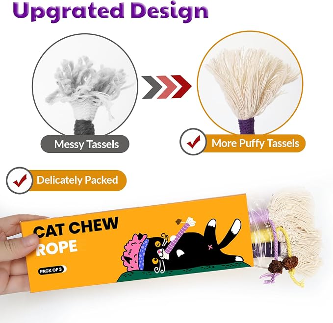 Cat Toys for Indoor Cats, Kitten Toys for Indoor Kittens, Catnip Rope Chew Toys for Teeth Cleaning, Interactive Cat Teething Toy, Kitty Kicker Toy, 3 Pack (Plus 1 Pouch of Catnip) - Image 2