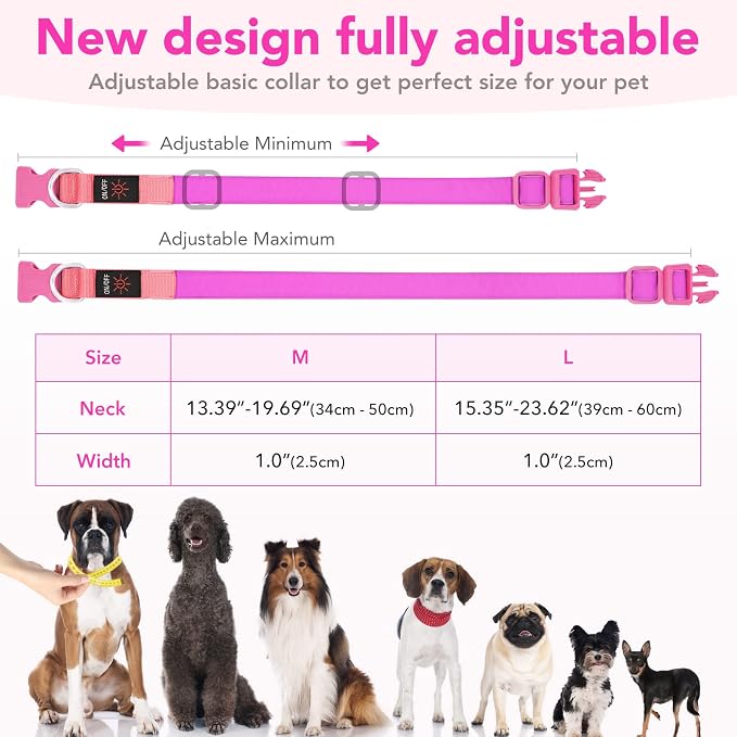 LED Dog Collar Light Up Dog Collars Red Light USB Rechargeable, Adjustable Size Heavy Duty TPU Nylon Webbing Glow Safety Basic Dog Collars for Large Medium Dogs (L, Candy Pink) - Image 5