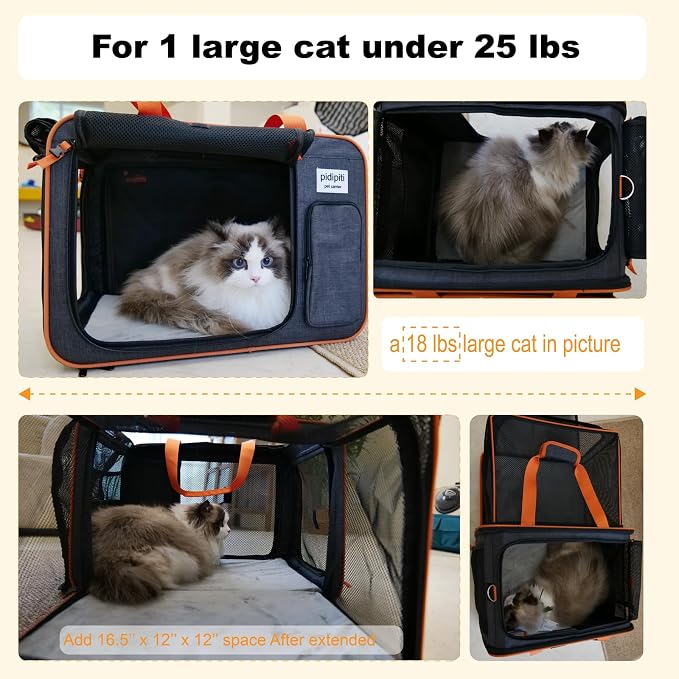 pidipiti 20x14x14 Expandable Large car Carrier for 1 Large /2 Medium Cats | pet Crate for Short Trip or Long road Travel,with zipper lock,pockets,good Visibility,leakproof. - Image 2