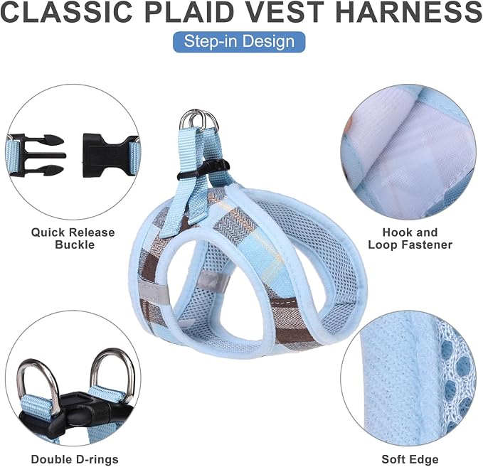 Classic Plaid Puppy Harness - Small Dog Collar and Leash with AirTag Holder Case - Soft Mesh Padded Adjustable Dog Vest Harness No Pull, Reflective Escape Proof for Outdoor, Blue S - Image 2