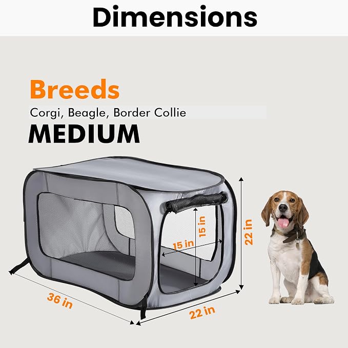 Portable Collapsible Pop Up Kennel, 36" L x 22" W x 22" H, Gray | Collapsible indoor/outdoor travel cat and dog crate with mesh screen windows pops up and folds flat for easy storage - Image 2