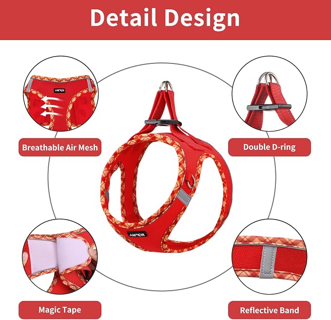 AMTOR Small Dog Harness with Leash Set, No Escape Easy Walk Puppy Harnesses for Training Walking, Step-in Reflective Soft Dogs Vest for XS S Medium Extra-Small Large Sized Dog(Red,XS) - Image 3