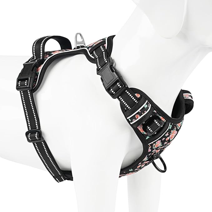 Timos Dog Harness Medium Sized, Quick Release 3 Buckles, Black Rose, M | Reflective No Pull No Choke, Easy On & Off, Adjustable Soft Padded, Front & Back 2 Clips and Control Handle for Walking - Image 8