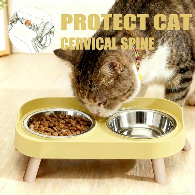 Elevated Cat Bowls, 2 Stainless Steel Raised Cat Food and Water Bowl Set, Splash Proof & Non-Slip, Whisker Fatigue Friendly, Dishwasher Safe for Cats and Small Dogs - Yellow - Image 2