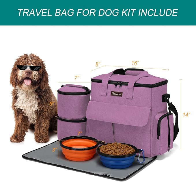 Modoker Weekend Dog Travel Bag Set with 2 Food Bags, 2 Bowls and Mat,Pink | Dog Travel Accessories Organizer for Camping and Road Trips with Roomy Storage, Multiple Pockets and Water-Resistant Oxford - Image 3