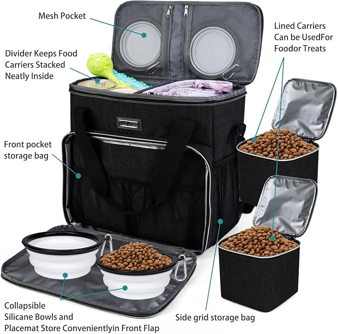 BAGLHER Dog Travel Bag, Pet Travel Bag (ALL Pet Travel Supplies), With 2 Pet Food Containers and 2 Collapsible Silicone Bowls; Essential Kits for Travel Black - Image 5