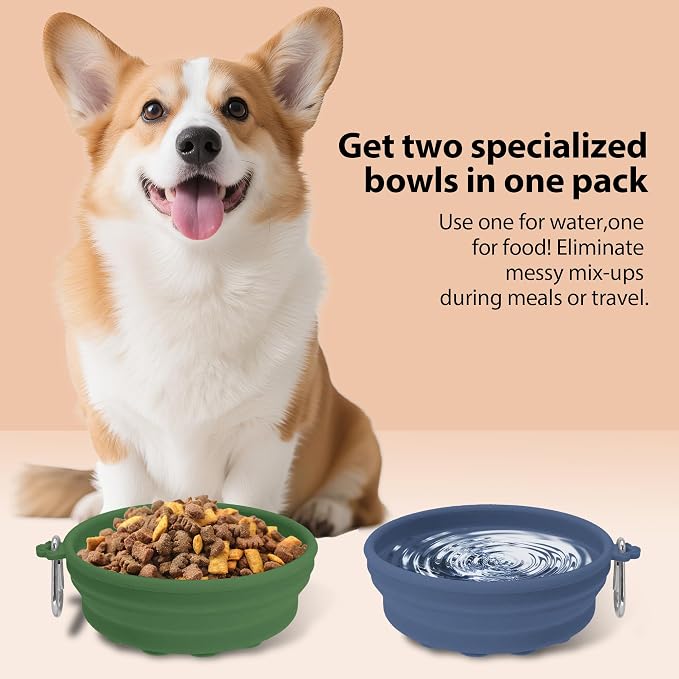 2-Pack Collapsible Dog Bowls with Suction Cups & Scraper - 16oz Travel Pet Bowls for Food/Water, Non-Slip Feeding Dish for Dogs, Includes Carabiner Clip Grey&Olive Green - Image 5