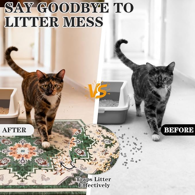 EXPAWLORER Cat Litter Mat, 20”x32” Small Non-Slip Urine Waterproof Litter Trapping Mat Easy to Clean Washable Litter Box Mat for Floor Soft on Kitty Paws, Indoor Food Mats Rug Pads for Bathroom Green - Image 3
