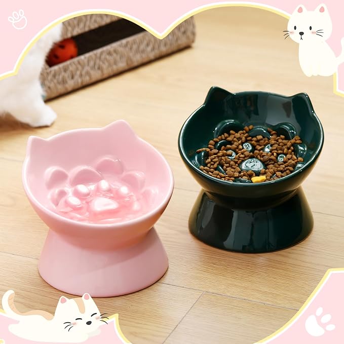 Funnymoom 2 Pcs Ceramic Raised Slow Feeder Cat Bowl, 5.91inch Elevated Cat Slow Feeder Bowl Tilted Anti Vomiting for Dry Wet Food and Water Easy to Clean High Edge(Dark Green, Pink) - Image 6