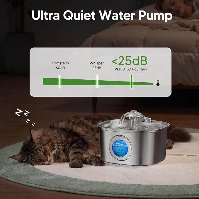 PEKTACO Cat Water Fountain, 3.2L Stainless Steel Pet Fountain, 1 Filter | 108oz capacity, LED water level window, ultra-quiet pump, dishwasher-safe tray, BPA-free, for cats and small dogs - Image 5