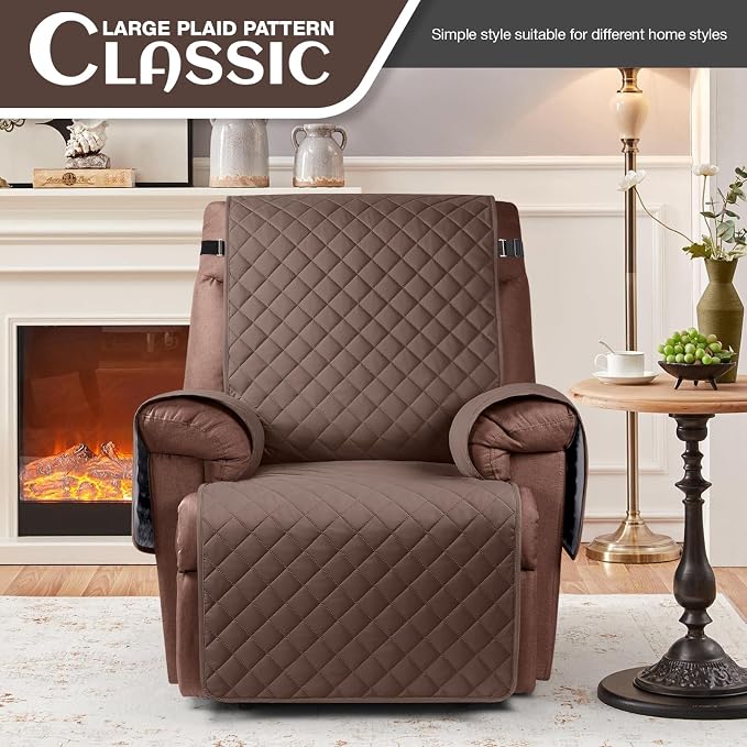 KinCam 100% Waterproof Recliner Chair Covers Washable, 23.6", Deep Brown | Anti Slip Reclining Couch Covers for Pets Dog, Recliner Sofa Slipcover Storage Pocket, Furniture Protector with Elastic Strap - Image 2