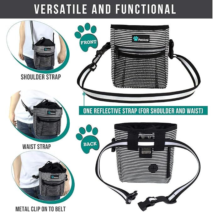 PetAmi Dog Treat Pouch, Pet Treat Pouch For Training, Dog Walking Bag Holder for Kibbles, Pet Food Toy, Dog Trainer Essentials Supplies, Poop Bag Dispenser, 3 Ways to Wear (Black Stripes) - Image 4