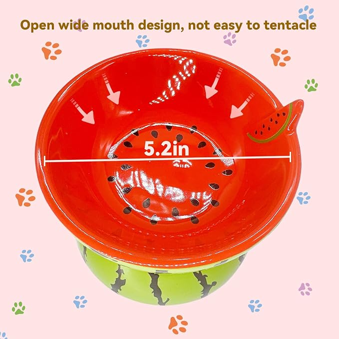 Elevated Cat Bowl Ceramic Raised Cat Food Water Bowls for Indoor Kitten | 5.2In Tilted Anti Vomiting Slow Feeder Cat Dishes, Whisker Friendly, Cute Watermelon Design - Image 6