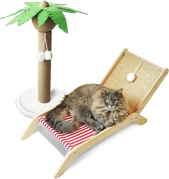 PETKARAY Cat Hammock with Coconut Palm Tree Scratching Post, Cozy Beach Chair Elevated Cat Beds, Original Lounger for Indoor Cats by PETKARAY