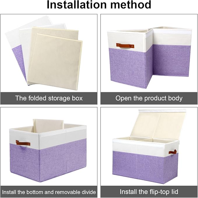 Large Toy Storage Box with Lid, Toy Chest Bin Boxes Basket with Dividers | Sturdy Toy Organizer Bin for Kids, Boys, Girls, Nursery, Living Room, Bedroom, Playroom 25"x13" x16" (Purple and White) - Image 7