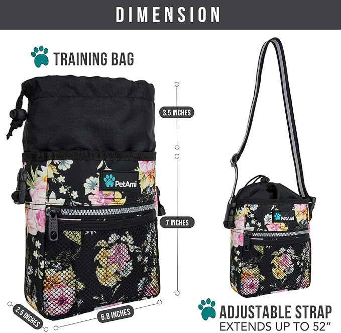 PetAmi Dog Treat Pouch, Pet Treat Pouch for Training, Dog Walking Bag Holder for Kibbles, Pet Food Toy, Dog Trainer Essentials Supplies, Poop Bag Dispenser, 3 Ways to Wear (Floral Black) - Image 6