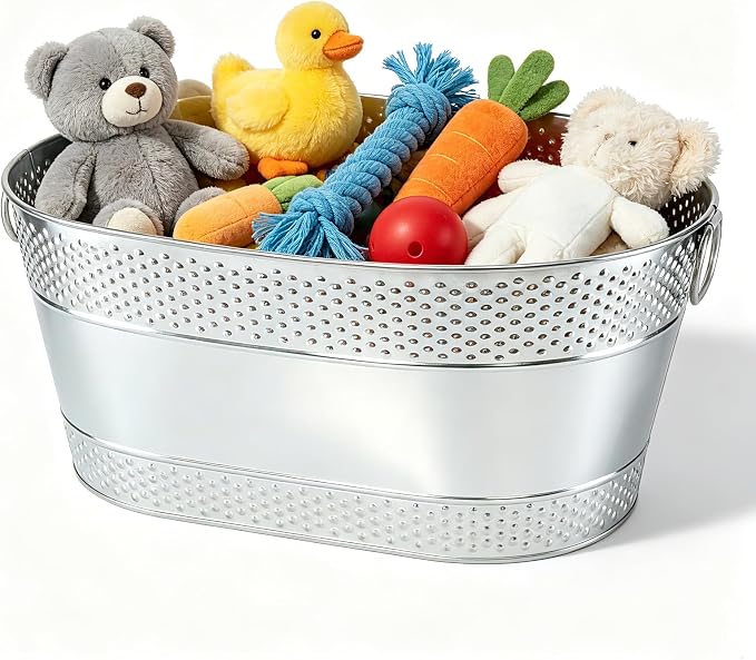 Indestructible Metal Dog Toy Storage Bin, Silver Pet Toy Storage Basket for Living Room Area, Sturdy Chew Proof Puppy Toy Box with Handle, Large Capacity 25 Quart - Image 8