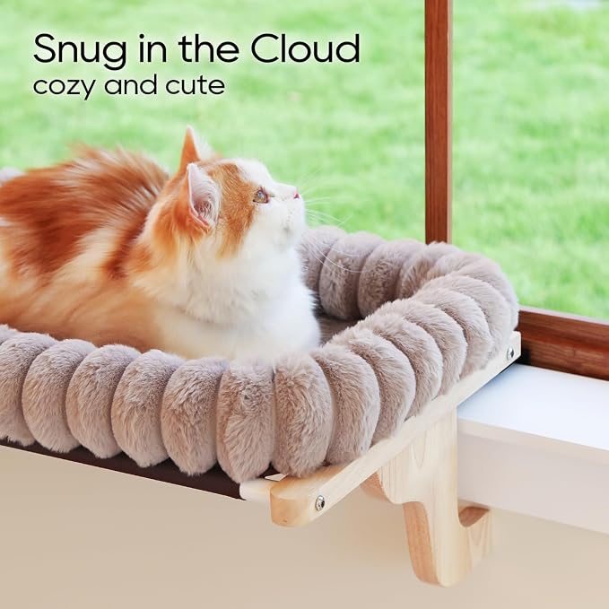 Zakkart SnugCloud Cat Window Perch with 4-Sided Bolster - Orthopedic Cat Hammock for Window Sill - Solid Hardwood & Metal Frame - Window Seat for Pets (Natural Color Wood w/Brown Bed, Large) - Image 2